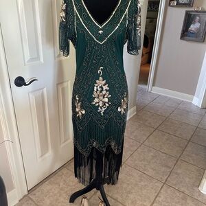 Elegant Green Beaded Dress with Fringe